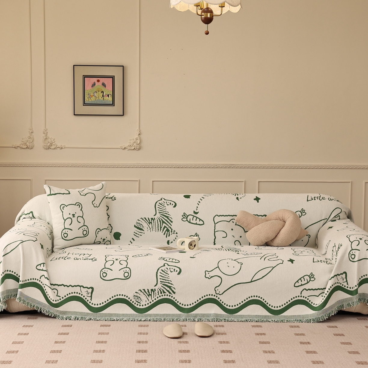 沐沐家纺 2026新款动物萌友沙发巾 动物萌友-绿色