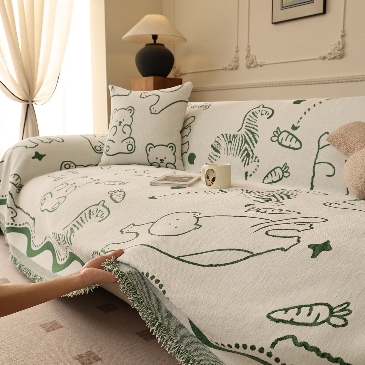 91家纺网 家纺一手货源 找家纺 沐沐家纺 2026新款动物萌友沙发巾 动物萌友-绿色