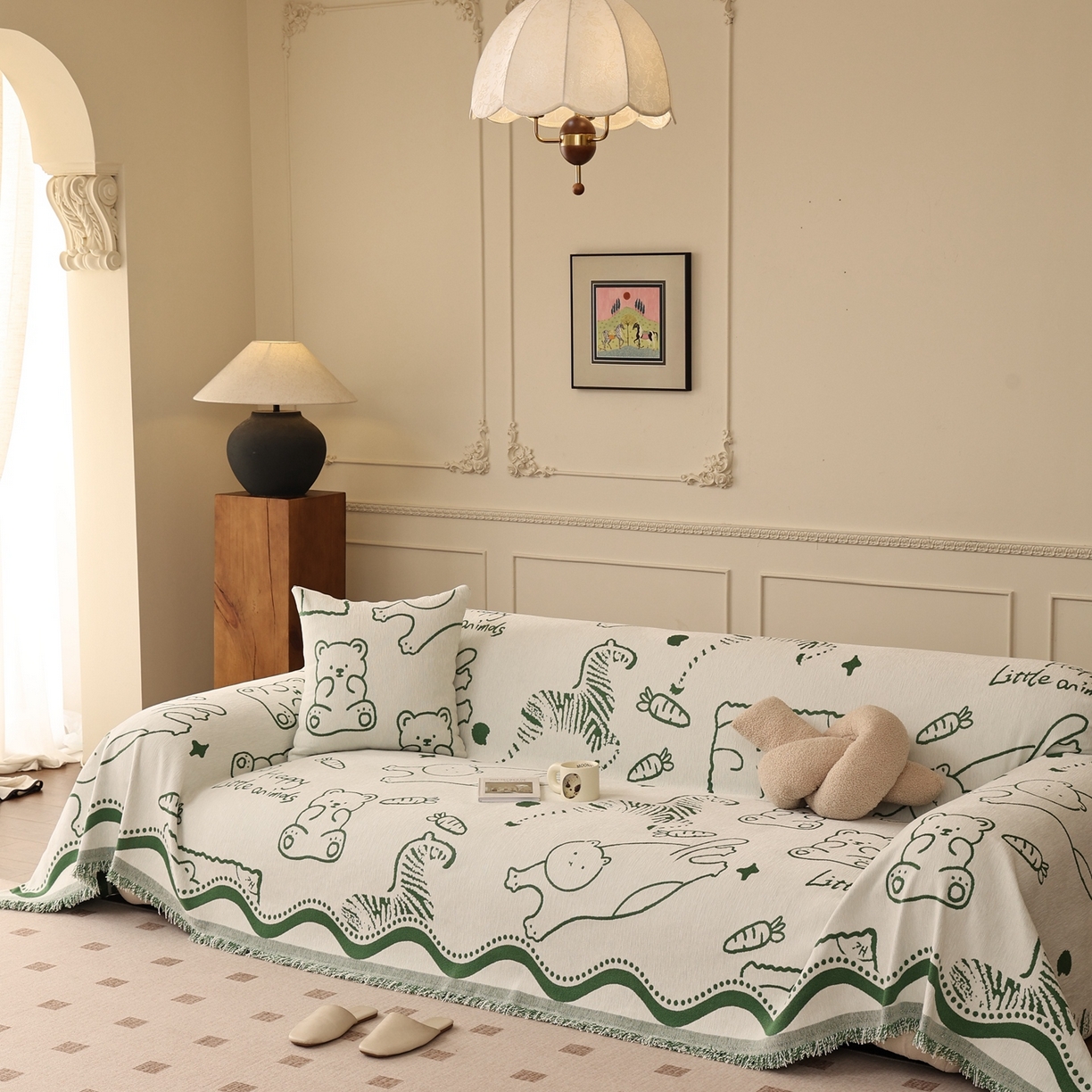 91家纺网 家纺一手货源 找家纺 沐沐家纺 2026新款动物萌友沙发巾 动物萌友-绿色