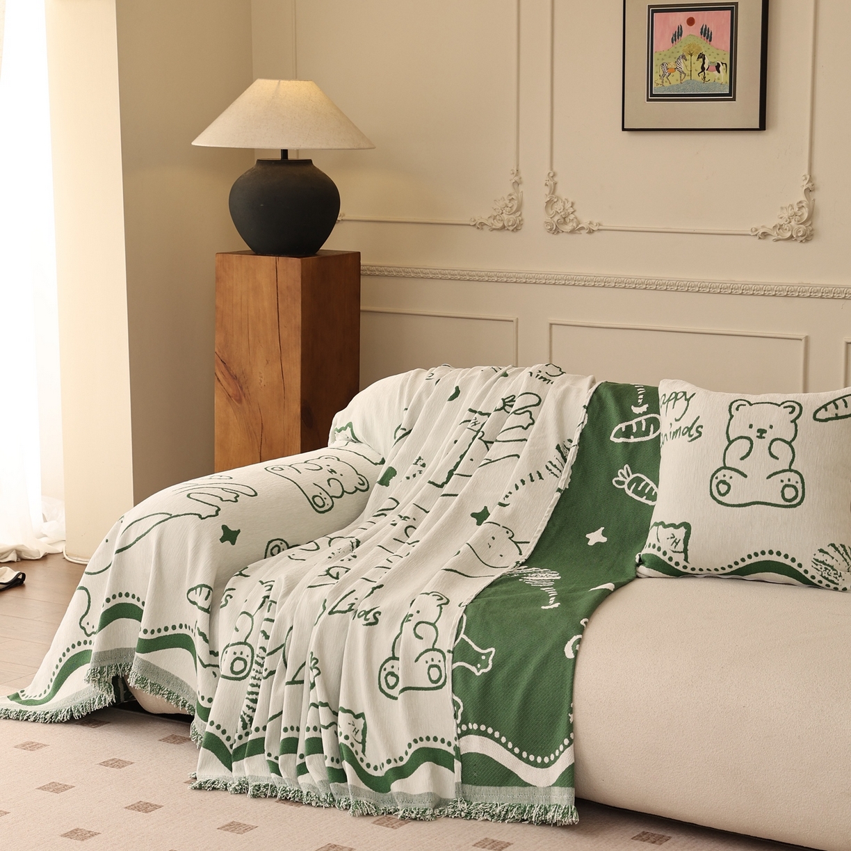 91家纺网 家纺一手货源 找家纺 沐沐家纺 2026新款动物萌友沙发巾 动物萌友-绿色