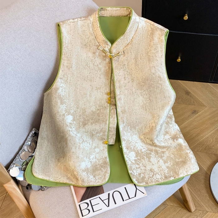 91家纺网 家纺一手货源 找家纺 （总）洛兰沙家居馆【只代发】【只代发】 2025新款复古织锦缎细纱棉麻拼接马甲背心刺绣中式盘扣上衣