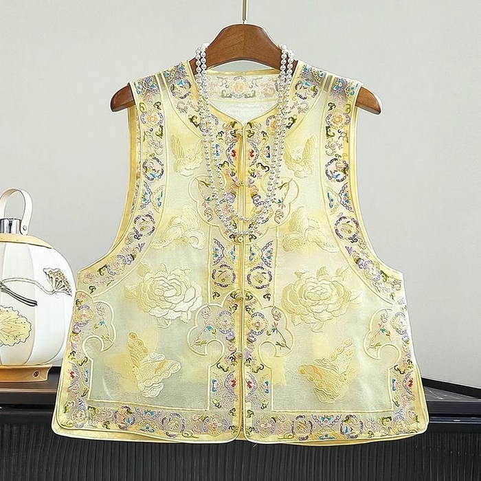 91家纺网 家纺一手货源 找家纺 （总）洛兰沙家居馆【只代发】【只代发】 2025新款复古织锦缎细纱棉麻拼接马甲背心刺绣中式盘扣上衣