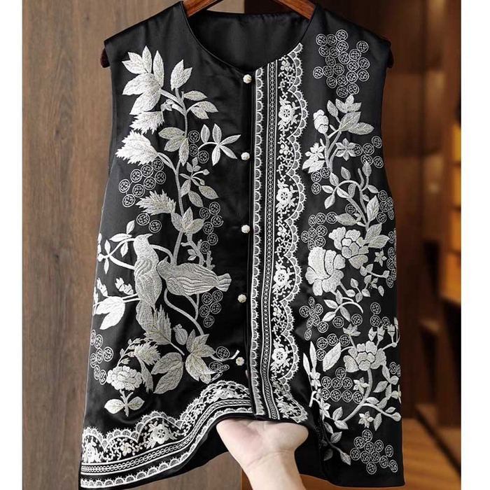 91家纺网 家纺一手货源 找家纺 （总）洛兰沙家居馆【只代发】【只代发】 2025新款复古织锦缎细纱棉麻拼接马甲背心刺绣中式盘扣上衣