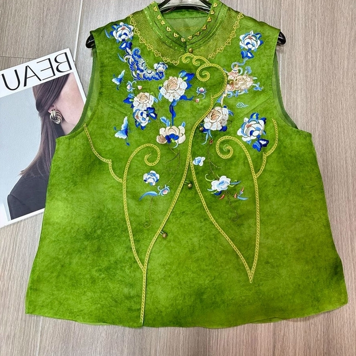 91家纺网 家纺一手货源 找家纺 （总）洛兰沙家居馆【只代发】【只代发】 2025新款复古织锦缎细纱棉麻拼接马甲背心刺绣中式盘扣上衣