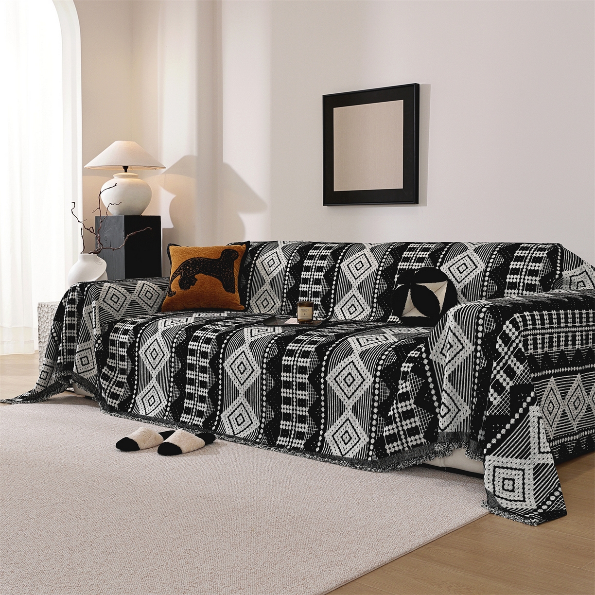 共鸣沙发垫 2025新款亲肤舒适雪尼尔玉兰黑色沙发巾 东方音律黑色 180x130cm沙发巾