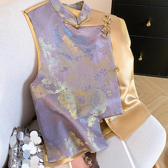 91家纺网 家纺一手货源 找家纺 （总）洛兰沙家居馆【只代发】【只代发】 2025新款复古织锦缎细纱棉麻拼接马甲背心刺绣中式盘扣上衣