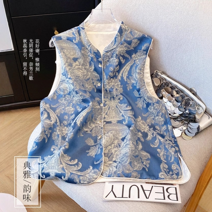 91家纺网 家纺一手货源 找家纺 （总）洛兰沙家居馆【只代发】【只代发】 2025新款复古织锦缎细纱棉麻拼接马甲背心刺绣中式盘扣上衣