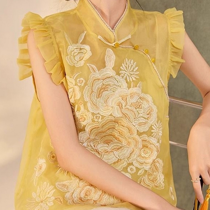 91家纺网 家纺一手货源 找家纺 （总）洛兰沙家居馆【只代发】【只代发】 2025新款复古织锦缎细纱棉麻拼接马甲背心刺绣中式盘扣上衣