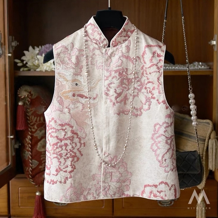 91家纺网 家纺一手货源 找家纺 （总）洛兰沙家居馆【只代发】【只代发】 2025新款复古织锦缎细纱棉麻拼接马甲背心刺绣中式盘扣上衣