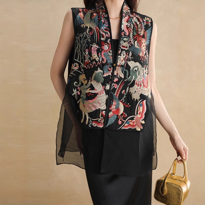 91家纺网 家纺一手货源 找家纺 （总）洛兰沙家居馆【只代发】【只代发】 2025新款复古织锦缎细纱棉麻拼接马甲背心刺绣中式盘扣上衣