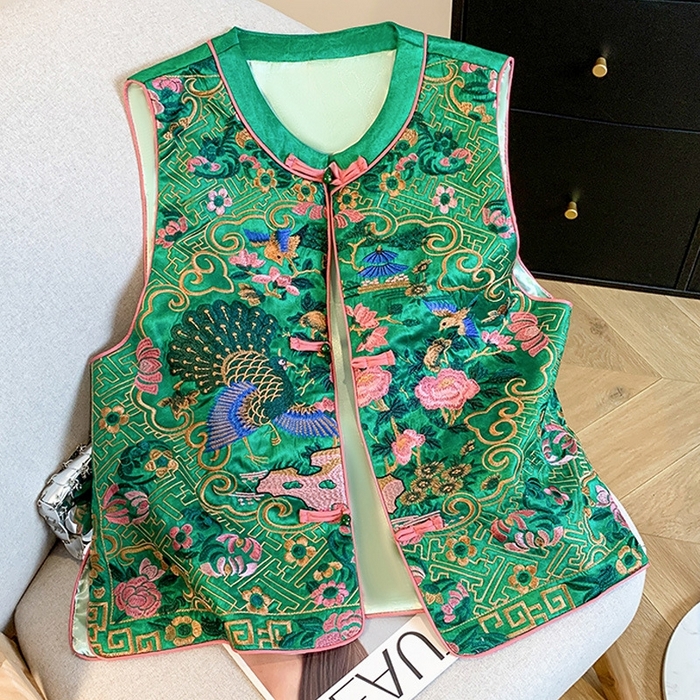 91家纺网 家纺一手货源 找家纺 （总）洛兰沙家居馆【只代发】【只代发】 2025新款复古织锦缎细纱棉麻拼接马甲背心刺绣中式盘扣上衣