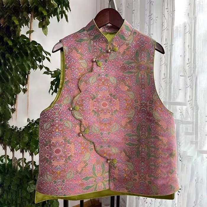 91家纺网 家纺一手货源 找家纺 （总）洛兰沙家居馆【只代发】【只代发】 2025新款复古织锦缎细纱棉麻拼接马甲背心刺绣中式盘扣上衣