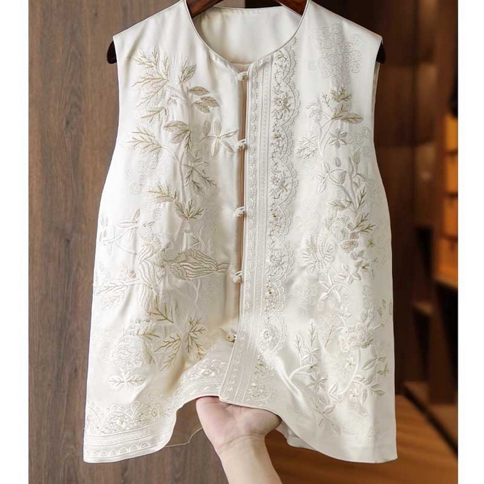 91家纺网 家纺一手货源 找家纺 （总）洛兰沙家居馆【只代发】【只代发】 2025新款复古织锦缎细纱棉麻拼接马甲背心刺绣中式盘扣上衣