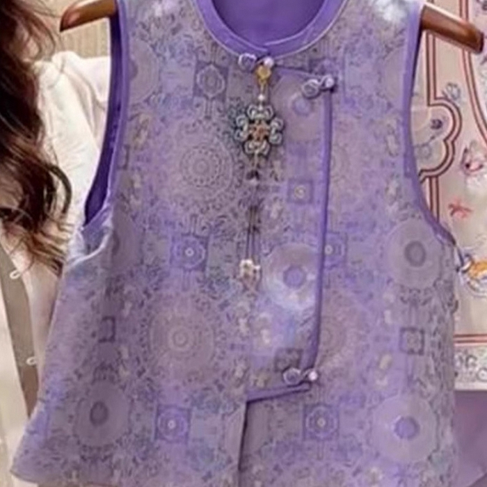 91家纺网 家纺一手货源 找家纺 （总）洛兰沙家居馆【只代发】【只代发】 2025新款复古织锦缎细纱棉麻拼接马甲背心刺绣中式盘扣上衣