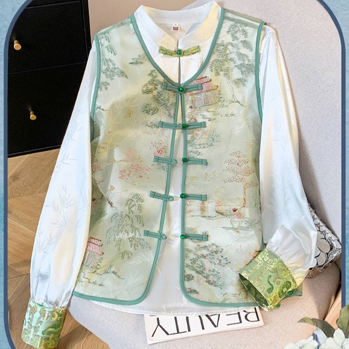 91家纺网 家纺一手货源 找家纺 （总）洛兰沙家居馆【只代发】【只代发】 2025新款复古织锦缎细纱棉麻拼接马甲背心刺绣中式盘扣上衣