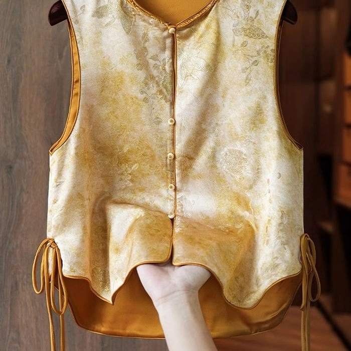 91家纺网 家纺一手货源 找家纺 （总）洛兰沙家居馆【只代发】【只代发】 2025新款复古织锦缎细纱棉麻拼接马甲背心刺绣中式盘扣上衣