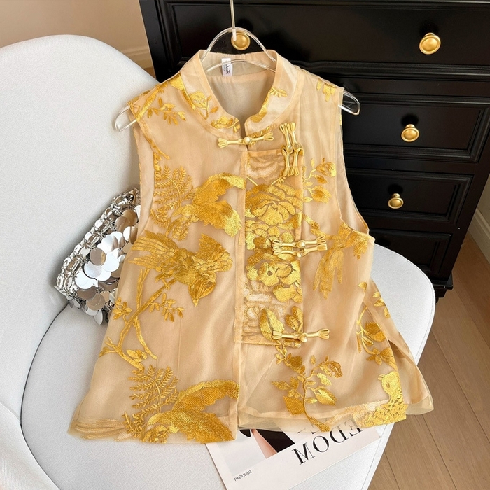 91家纺网 家纺一手货源 找家纺 （总）洛兰沙家居馆【只代发】【只代发】 2025新款复古织锦缎细纱棉麻拼接马甲背心刺绣中式盘扣上衣