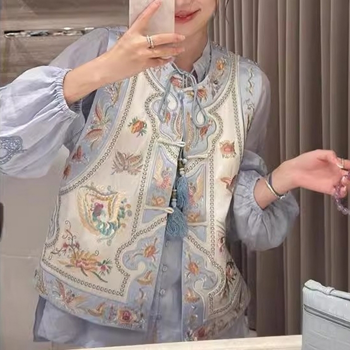 91家纺网 家纺一手货源 找家纺 （总）洛兰沙家居馆【只代发】【只代发】 2025新款复古织锦缎细纱棉麻拼接马甲背心刺绣中式盘扣上衣