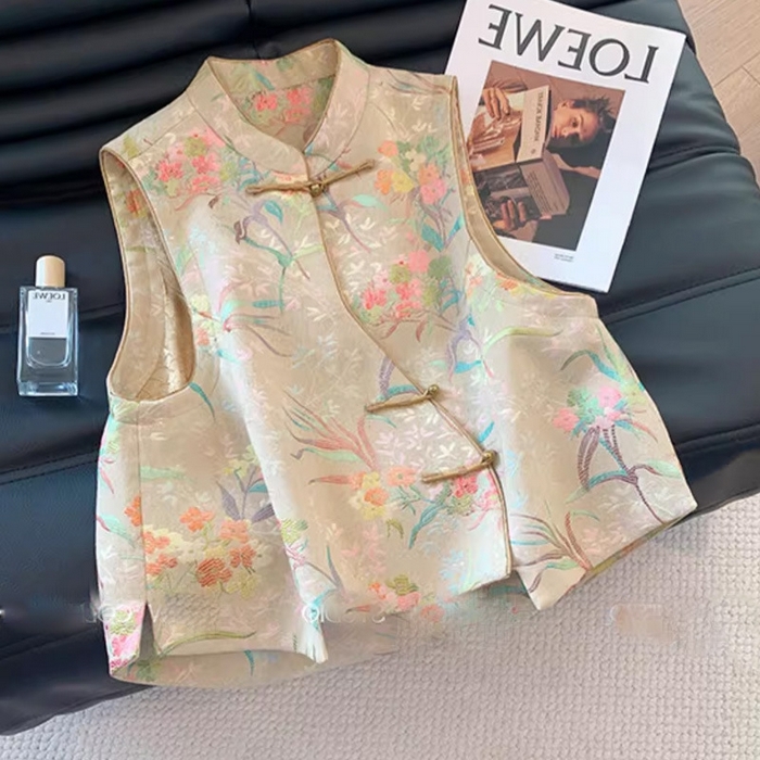 91家纺网 家纺一手货源 找家纺 （总）洛兰沙家居馆【只代发】【只代发】 2025新款复古织锦缎细纱棉麻拼接马甲背心刺绣中式盘扣上衣