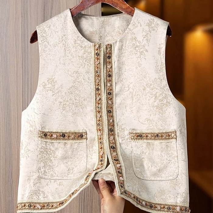 91家纺网 家纺一手货源 找家纺 （总）洛兰沙家居馆【只代发】【只代发】 2025新款复古织锦缎细纱棉麻拼接马甲背心刺绣中式盘扣上衣