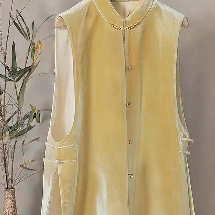 91家纺网 家纺一手货源 找家纺 （总）洛兰沙家居馆【只代发】【只代发】 2025新款复古织锦缎细纱棉麻拼接马甲背心刺绣中式盘扣上衣