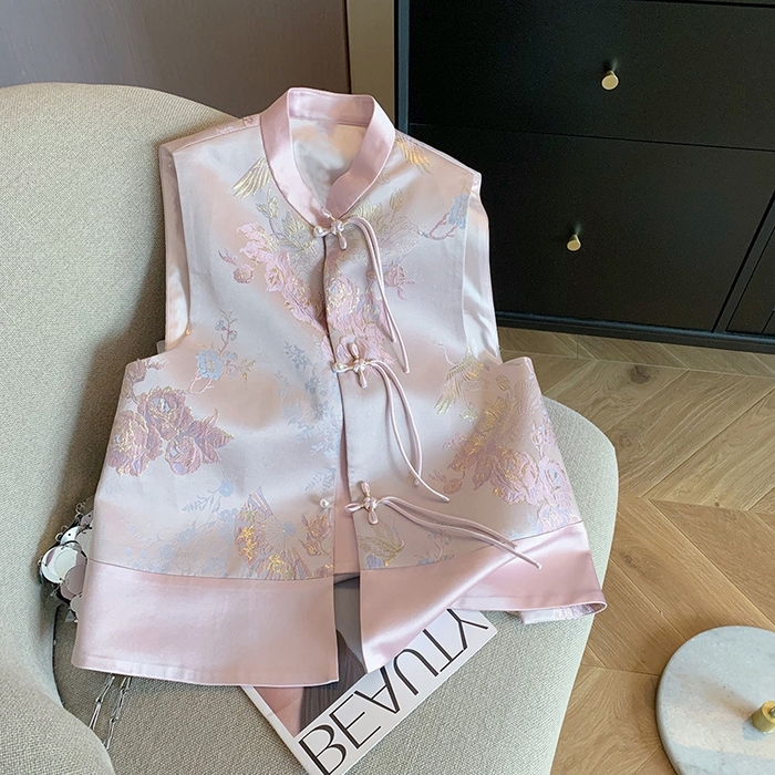 91家纺网 家纺一手货源 找家纺 （总）洛兰沙家居馆【只代发】【只代发】 2025新款复古织锦缎细纱棉麻拼接马甲背心刺绣中式盘扣上衣