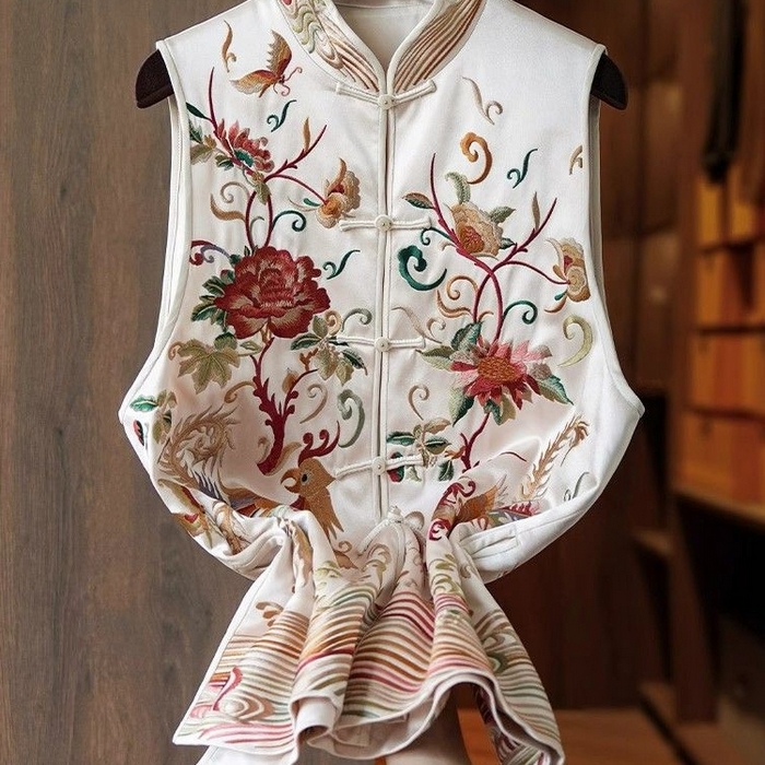91家纺网 家纺一手货源 找家纺 （总）洛兰沙家居馆【只代发】【只代发】 2025新款复古织锦缎细纱棉麻拼接马甲背心刺绣中式盘扣上衣