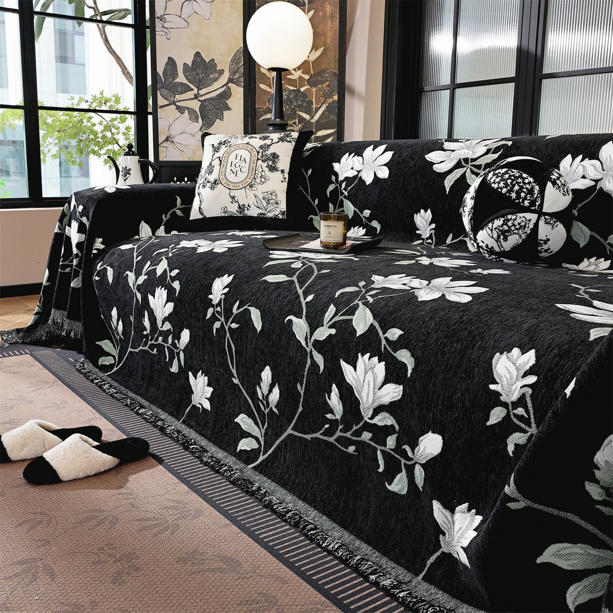 91家纺网 家纺一手货源 找家纺 共鸣沙发垫 2025新款亲肤舒适雪尼尔玉兰黑色沙发巾 玉兰黑色 180x130cm沙发巾