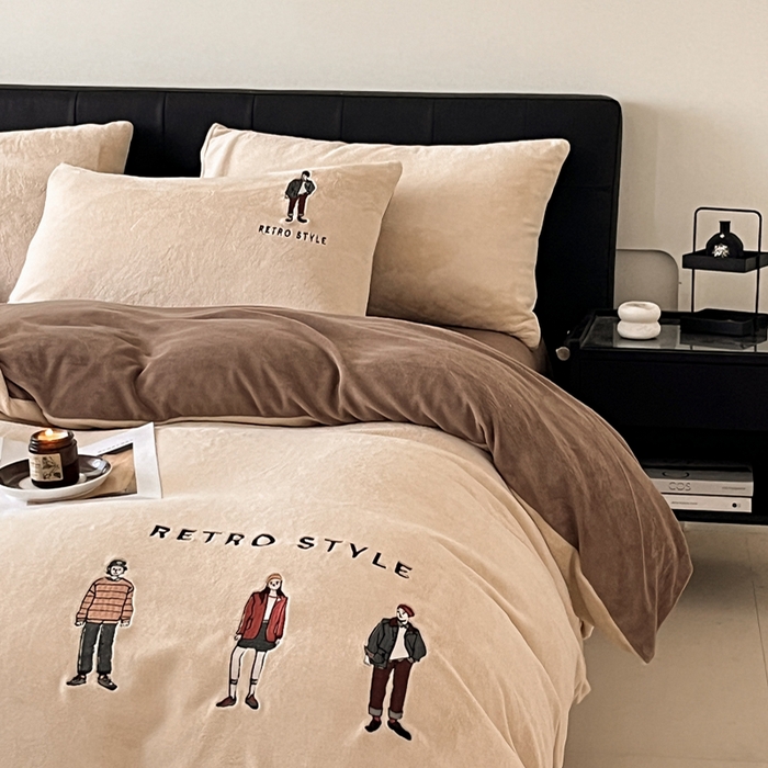 91家纺网 家纺一手货源 找家纺 ONE TWO ONE 121 新品【牛奶绒刺绣四件套】2025毛毯被子四件套单件床单被套床笠珊瑚绒牛奶绒冬被法兰绒兔毛绒男孩Boy Boy-复古咖