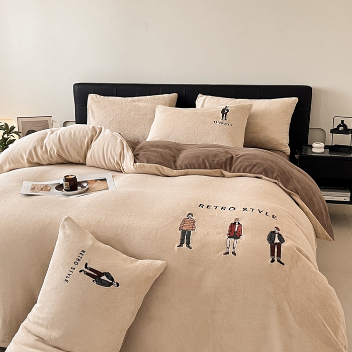 91家纺网 家纺一手货源 找家纺 ONE TWO ONE 121 新品【牛奶绒刺绣四件套】2025毛毯被子四件套单件床单被套床笠珊瑚绒牛奶绒冬被法兰绒兔毛绒男孩Boy Boy-复古咖