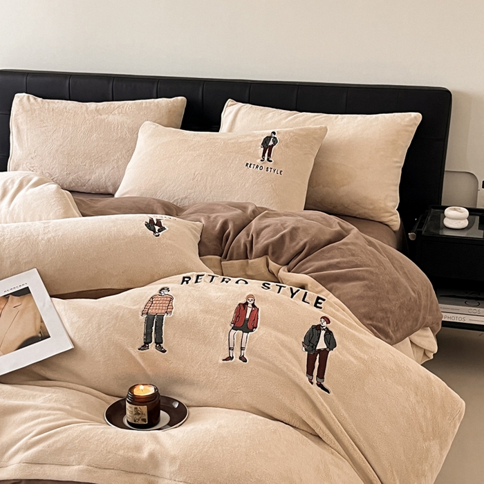 91家纺网 家纺一手货源 找家纺 ONE TWO ONE 121 新品【牛奶绒刺绣四件套】2025毛毯被子四件套单件床单被套床笠珊瑚绒牛奶绒冬被法兰绒兔毛绒男孩Boy Boy-复古咖