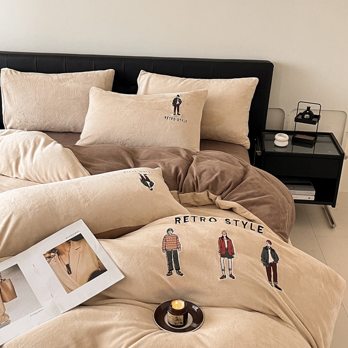 91家纺网 家纺一手货源 找家纺 ONE TWO ONE 121 新品【牛奶绒刺绣四件套】2025毛毯被子四件套单件床单被套床笠珊瑚绒牛奶绒冬被法兰绒兔毛绒男孩Boy Boy-复古咖