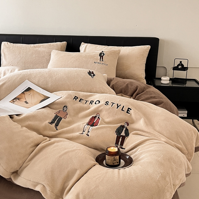 91家纺网 家纺一手货源 找家纺 ONE TWO ONE 121 新品【牛奶绒刺绣四件套】2025毛毯被子四件套单件床单被套床笠珊瑚绒牛奶绒冬被法兰绒兔毛绒男孩Boy Boy-复古咖