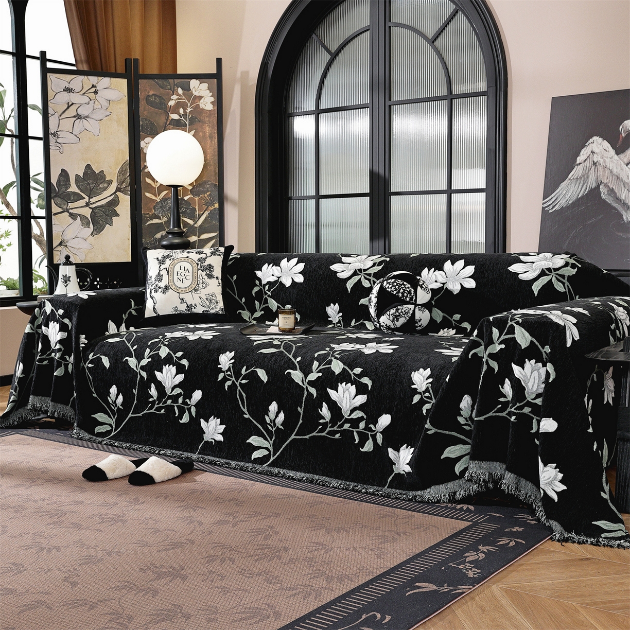 共鸣沙发垫 2025新款亲肤舒适雪尼尔玉兰黑色沙发巾 玉兰黑色 180x180cm沙发巾