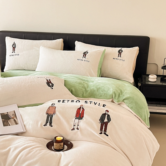 91家纺网 家纺一手货源 找家纺 ONE TWO ONE 121 新品【牛奶绒刺绣四件套】2025毛毯被子四件套单件床单被套床笠珊瑚绒牛奶绒冬被法兰绒兔毛绒男孩Boy Boy-浅绿