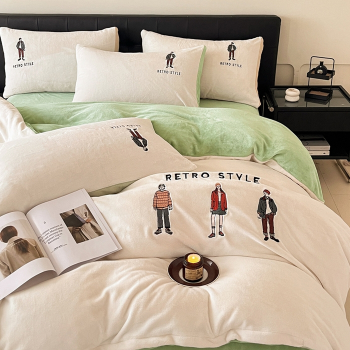 91家纺网 家纺一手货源 找家纺 ONE TWO ONE 121 新品【牛奶绒刺绣四件套】2025毛毯被子四件套单件床单被套床笠珊瑚绒牛奶绒冬被法兰绒兔毛绒男孩Boy Boy-浅绿