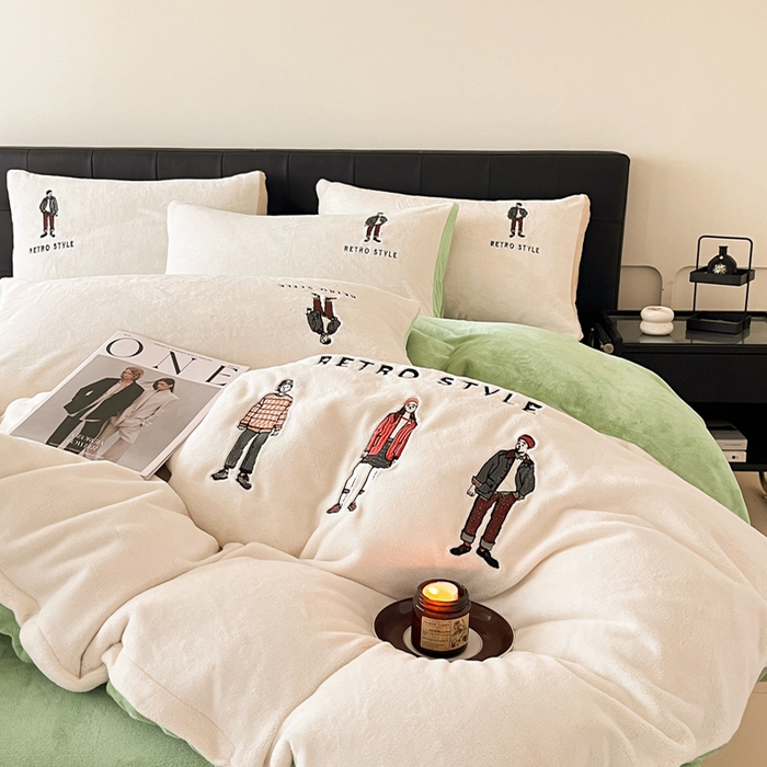 91家纺网 家纺一手货源 找家纺 ONE TWO ONE 121 新品【牛奶绒刺绣四件套】2025毛毯被子四件套单件床单被套床笠珊瑚绒牛奶绒冬被法兰绒兔毛绒男孩Boy Boy-浅绿