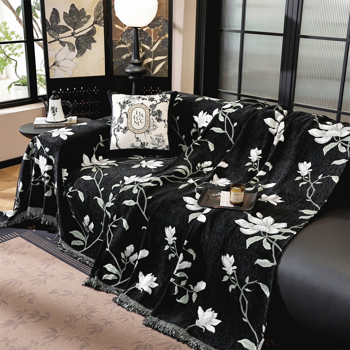 91家纺网 家纺一手货源 找家纺 共鸣沙发垫 2025新款亲肤舒适雪尼尔玉兰黑色沙发巾 玉兰黑色 180x180cm沙发巾