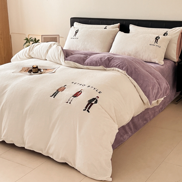 91家纺网 家纺一手货源 找家纺 ONE TWO ONE 121 新品【牛奶绒刺绣四件套】2025毛毯被子四件套单件床单被套床笠珊瑚绒牛奶绒冬被法兰绒兔毛绒男孩Boy Boy-烟紫