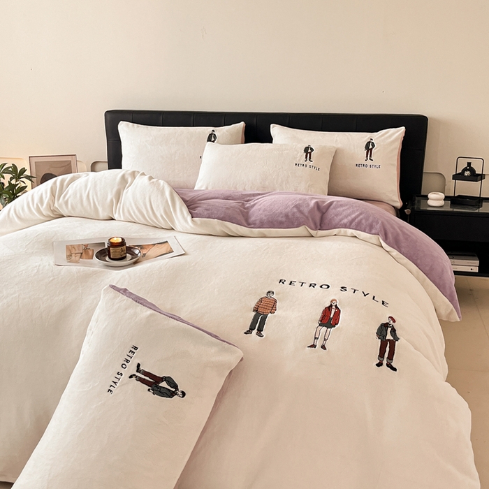 91家纺网 家纺一手货源 找家纺 ONE TWO ONE 121 新品【牛奶绒刺绣四件套】2025毛毯被子四件套单件床单被套床笠珊瑚绒牛奶绒冬被法兰绒兔毛绒男孩Boy Boy-烟紫