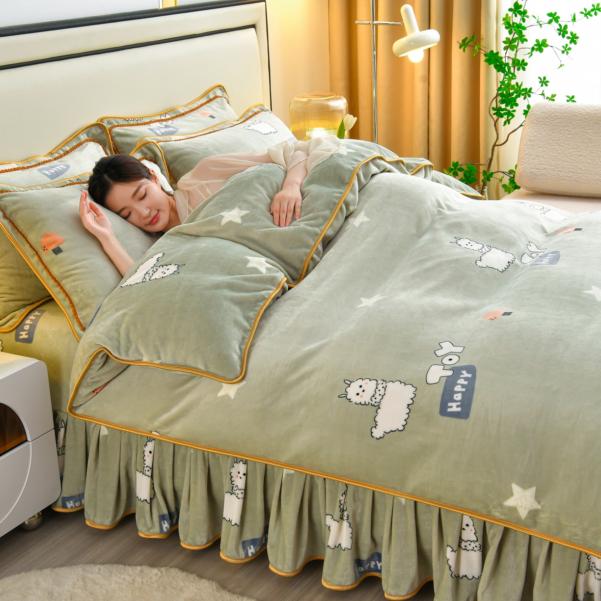 91家纺网 家纺一手货源 找家纺 橘姿家纺 2025新款9-10斤牛奶绒四件套金貂绒四件套 快乐羊驼