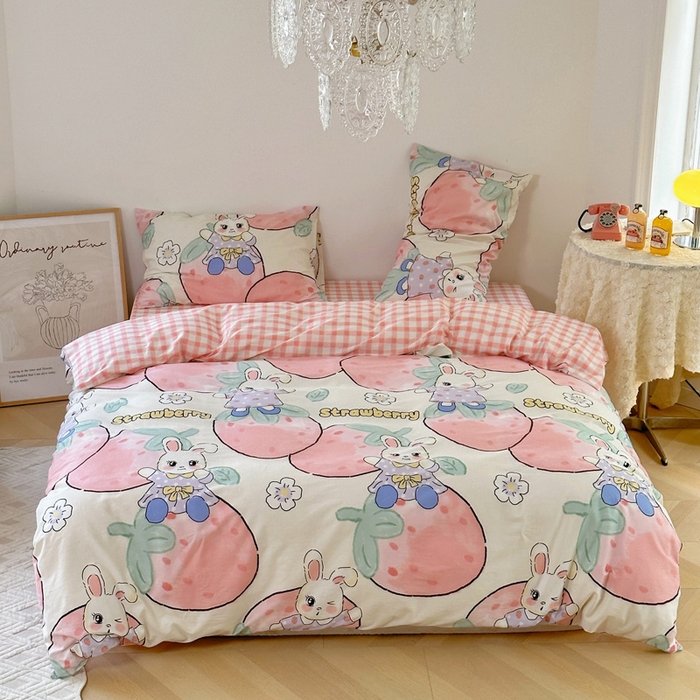 梵克保罗 2025春夏新款全棉小清新卡通碎花学生季系列三件套四件套 草莓兔