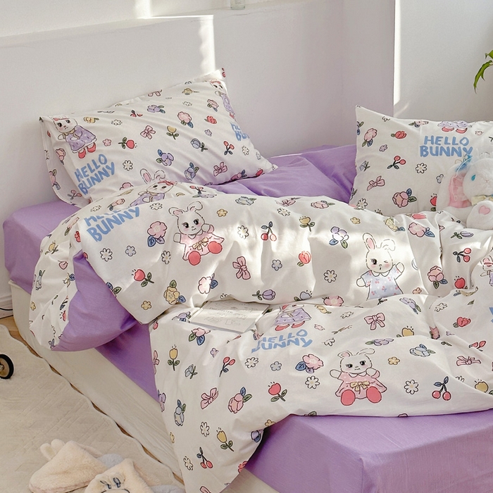 91家纺网 家纺一手货源 找家纺 梵克保罗 2025春夏新款全棉小清新卡通碎花学生季系列三件套四件套 乐悠兔