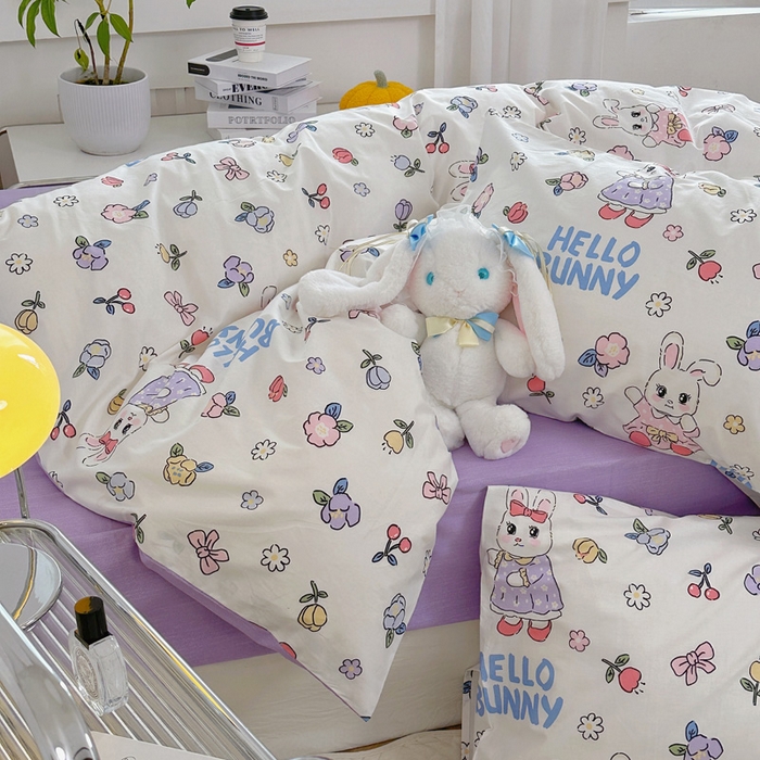 91家纺网 家纺一手货源 找家纺 梵克保罗 2025春夏新款全棉小清新卡通碎花学生季系列三件套四件套 乐悠兔