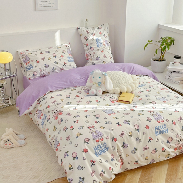 91家纺网 家纺一手货源 找家纺 梵克保罗 2025春夏新款全棉小清新卡通碎花学生季系列三件套四件套 乐悠兔