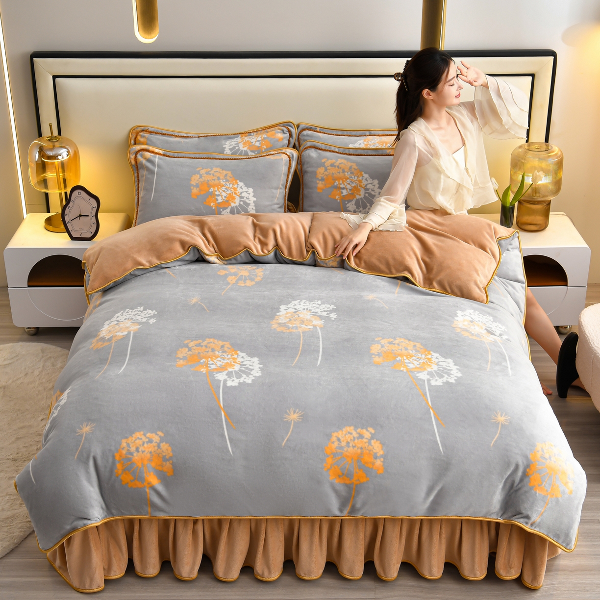 91家纺网 家纺一手货源 找家纺 橘姿家纺 2025新款9-10斤牛奶绒四件套金貂绒四件套 浅爱