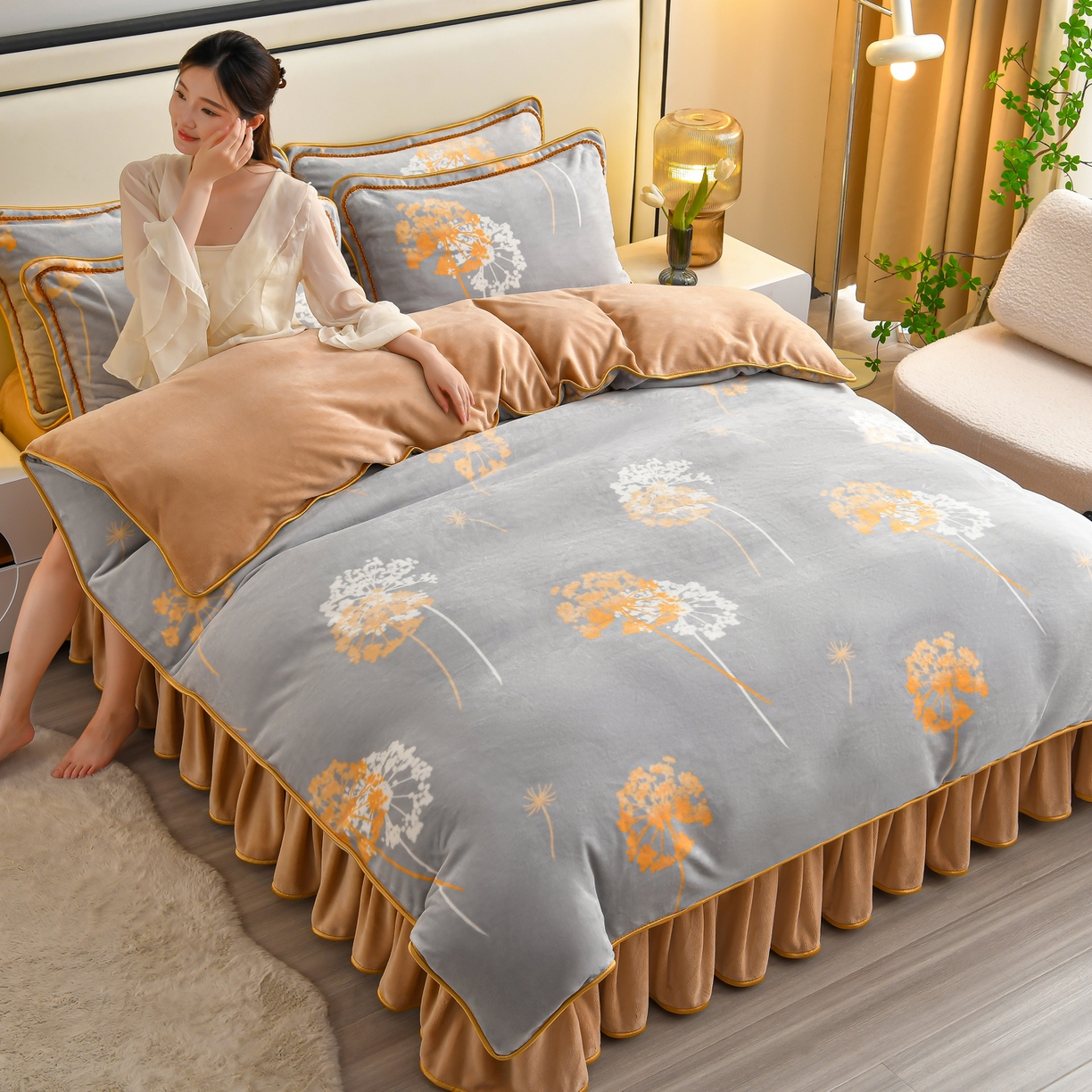 91家纺网 家纺一手货源 找家纺 橘姿家纺 2025新款9-10斤牛奶绒四件套金貂绒四件套 浅爱