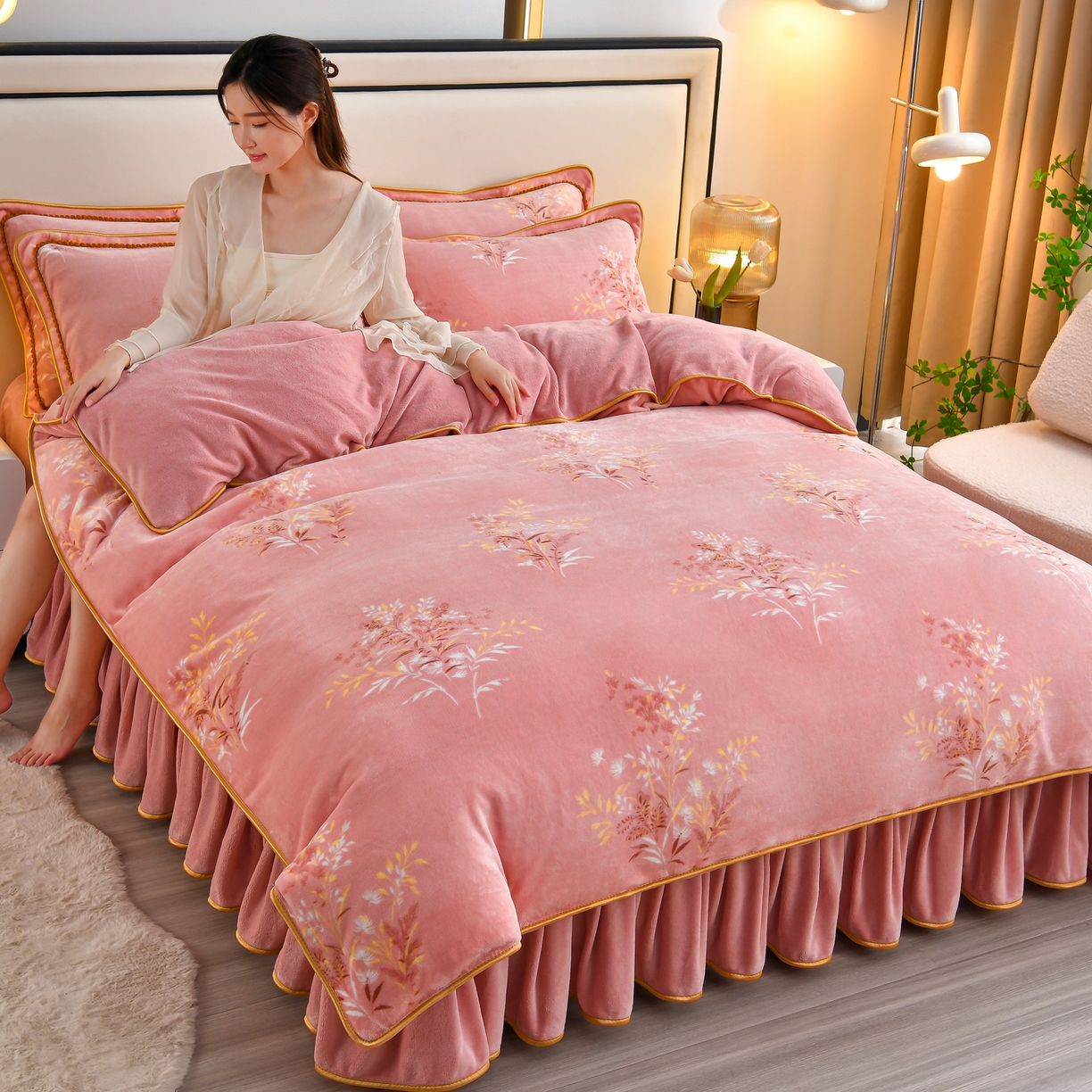 91家纺网 家纺一手货源 找家纺 橘姿家纺 2025新款9-10斤牛奶绒四件套金貂绒四件套 秋意