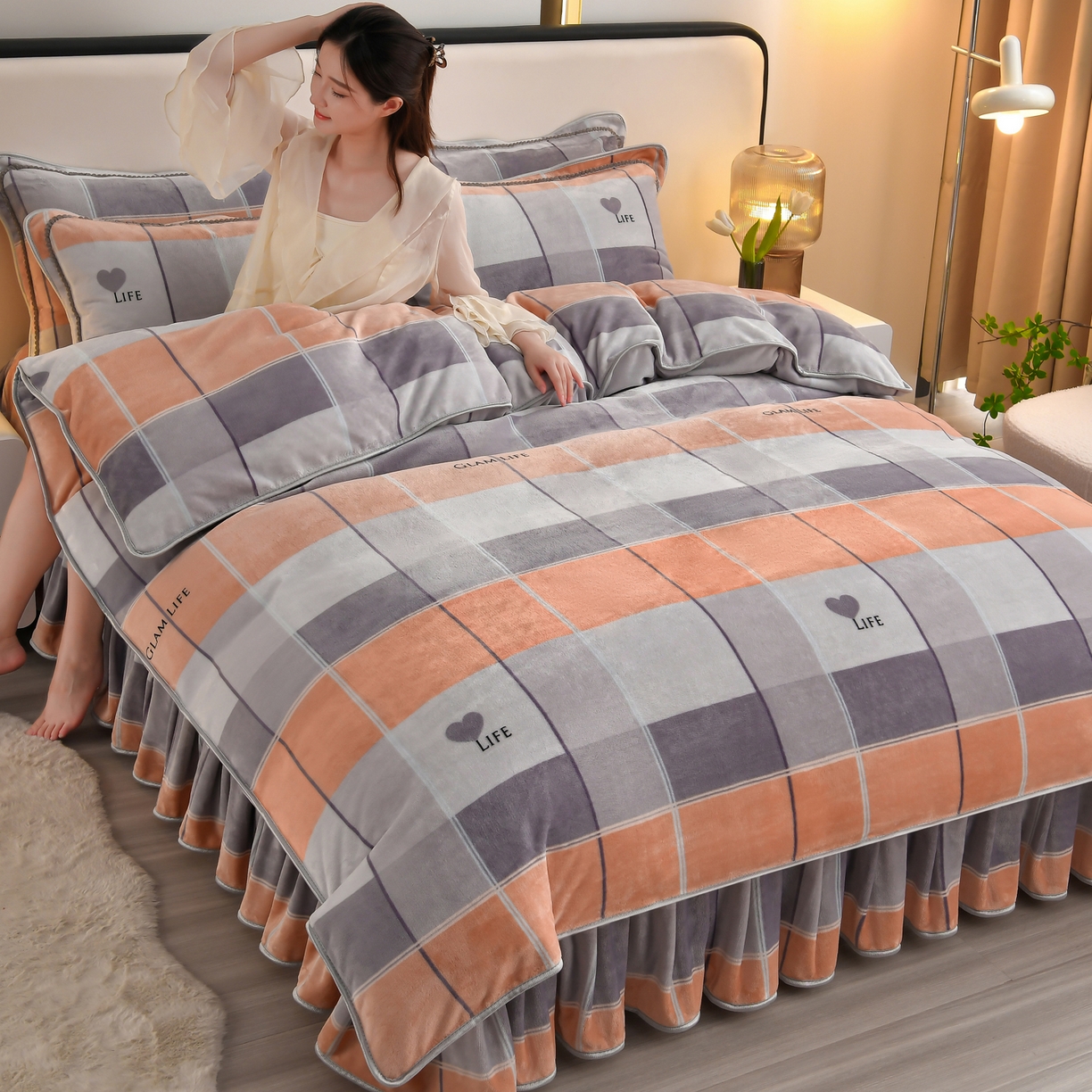 91家纺网 家纺一手货源 找家纺 橘姿家纺 2025新款9-10斤牛奶绒四件套金貂绒四件套 时尚格子