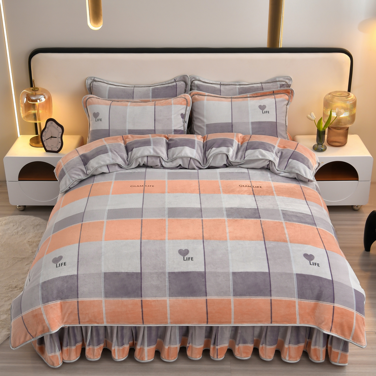 91家纺网 家纺一手货源 找家纺 橘姿家纺 2025新款9-10斤牛奶绒四件套金貂绒四件套 时尚格子